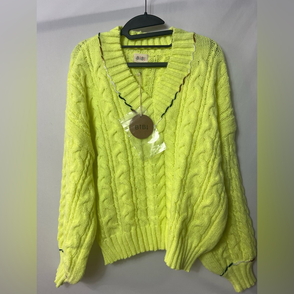 BiBi Lime Neon Cable Knit V-Neck Sweater with Contrast Trim